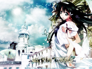 Girl white dress clock tower - anime art free wallpaper