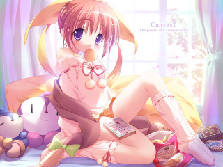 Bunny girl sitting bed stuffed - a fine art painting free wallpaper