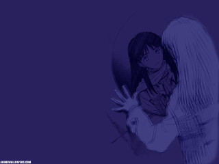 Angel hugging girl purple background - a black outline free wallpaper