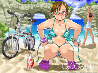 Cartoon woman bikini beach bicycle - giantess art free wallpaper