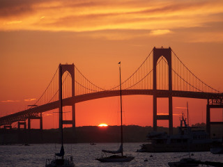 Bridge water boats sunset dawn - some water free wallpaper