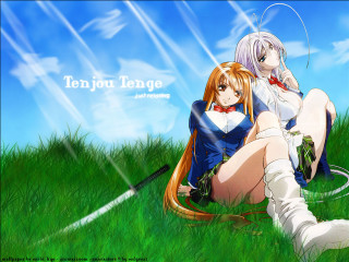 Anime girls grass sky bush - a sky background behind them free wallpaper