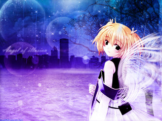 Blonde anime girl black dress - a city skyline free wallpaper