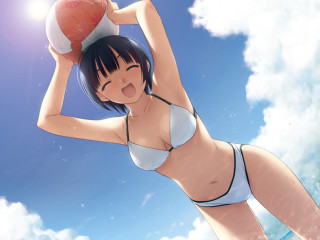 Woman bikini basketball clouds sky - a basketball in the air free wallpaper