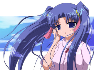 Girl longhair pinkshirt blueSky portrait - a pink shirt free wallpaper for desktop