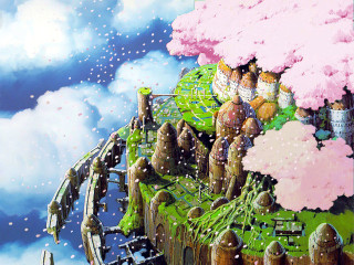 Castle train sky clouds cherry - a painting of a castle free wallpaper