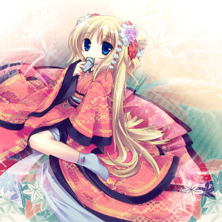 Pink girl flower kimono sitting - a flower free wallpaper for tablet