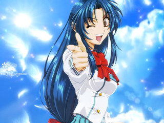 Blue haired girl thumbs up - a thumb free wallpaper