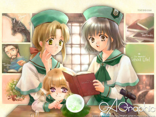 Anime girls kitchen dragon reading - a book together free wallpaper