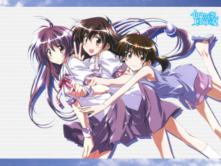Three girls purple dresses hug - one holding free wallpaper