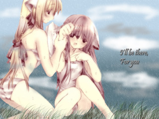 Anime girls grass sky furry - a sky background behind them free wallpaper