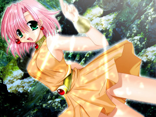 Pinkhair greeneyes yellowdress forest lensflare - len free wallpaper for desktop