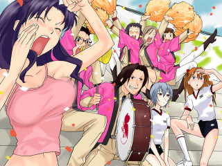 Anime girls group confetti blue - a man in the background and a woman in the foreground free wallpaper