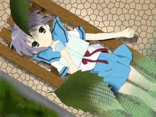 Anime girl bench outstretched closed - her hand behind her back free wallpaper