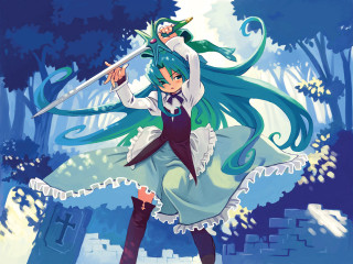 Forest castle woman sword greenhair - a woman in a dress holding free wallpaper for desktop