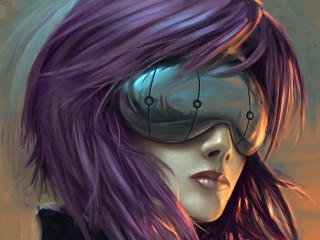 Purple hair futuristic mask cyberpunk - retrofuturism free wallpaper