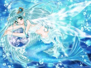 Mermaid blue hair white tail - a wave of water free wallpaper