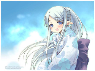 White haired elf kimono sky - anime art style free wallpaper