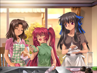 Three girls kitchen food window - a plate of food in front free wallpaper