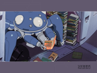 Robot reading book bookshelves desk - in a room free wallpaper