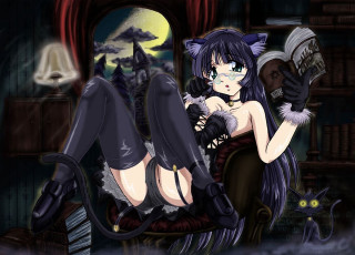 Cat girl library moon glasses - her lap free wallpaper