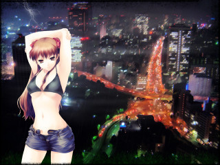 Gothic giantess cityscape night bikini - a cityscape in the background free wallpaper for desktop