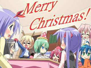 Anime girls christmas party happy - a group of anime girls free wallpaper