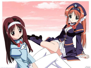 Anime girls sitting bowtie schooluniform - the other holding free wallpaper