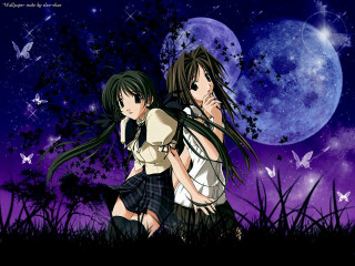 Full moon starry sky anime - two girl free wallpaper