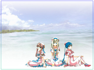 Three anime girls beach water - a blue frame free wallpaper for desktop