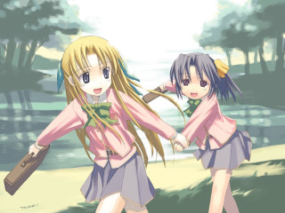 Anime girls park holding hands - the camera free wallpaper for desktop