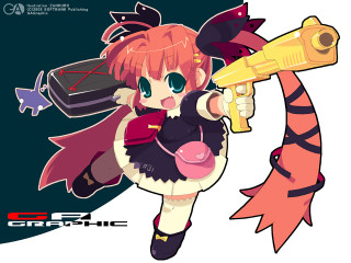 Cartoon girl fish gun yayoi - her hand and a fish free wallpaper