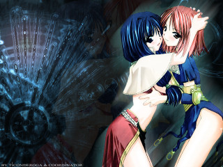 Anime girls hugging blue background 2 - manga and anime 1 9 9 9 free wallpaper