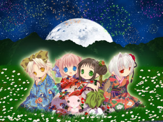 Anime girls full moon starry - top of a field free wallpaper