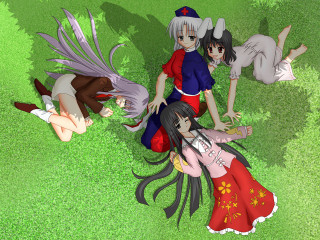 Anime girls bamboo grass nature - three anime character free wallpaper