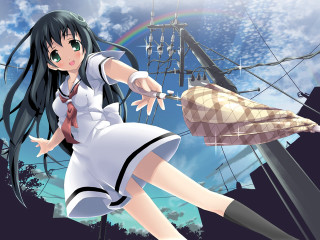Girl kite flying ship anime - short free wallpaper for desktop