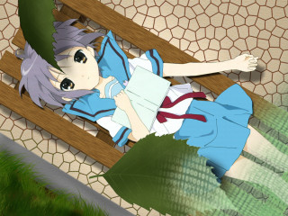 Anime girl bench arms outstretched - a green leaf in the foreground free wallpaper