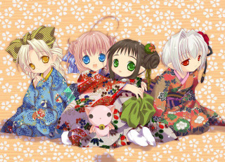 Anime girls kimono cat pink - their lap free wallpaper