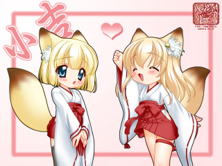 Fox girl blonde hakama miko - a cat tail free wallpaper for desktop