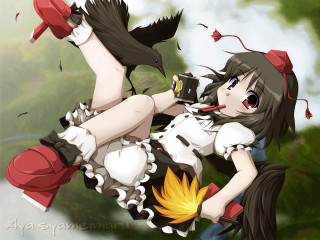 Cosplay bird wings black hair - her shoulder and a bird free wallpaper