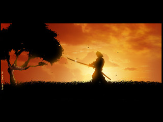 Sword person field sunset tree - cinematic concept art free wallpaper