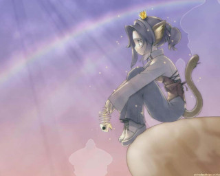 Cartoon girl cat rainbow rock - a sky free wallpaper for desktop