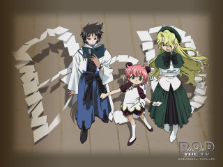 Anime group witch hat green - a wall behind them free wallpaper