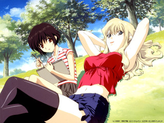 Anime girls park autumn tree - a book free wallpaper