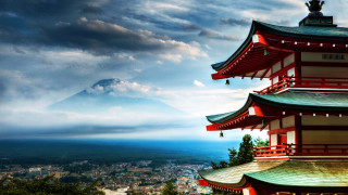 Tall red building mountain clouds - japan eishōsai chōki free wallpaper