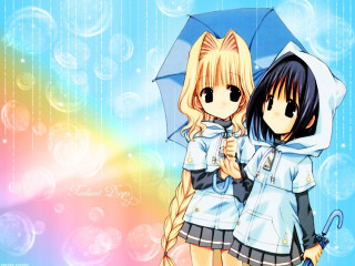 Anime girls rain umbrella bubbles - bubble free wallpaper