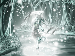 Snowy forest woman bird anime - her hand and a bird free wallpaper