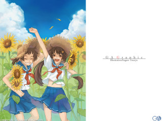 Girls sunflowers schooluniform fireworks summer - two girl free wallpaper