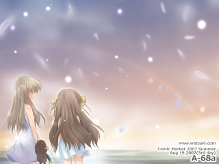 Beach rainbow two girls impressionism - a rainbow in the background and a rainbow in the sky free wallpaper