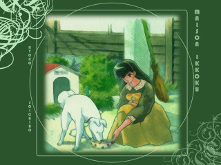 Woman dog feeding green background - a bowl of food free wallpaper